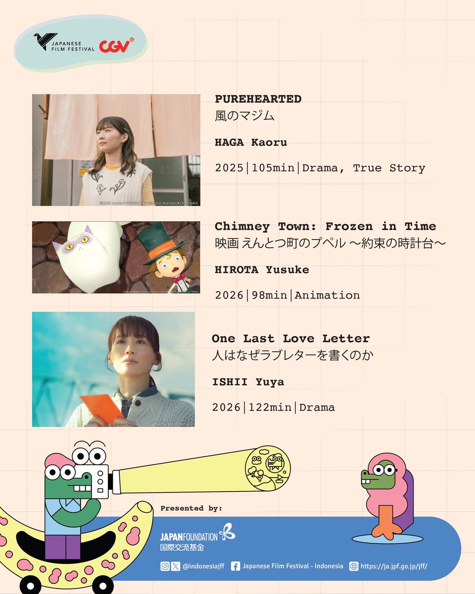 indonesiajff's tweet photo. Tahun ini #JFF2026 akan bawa belasan film Jepang. Film drama, thriller, horor, anime pokoknya banyak!* https://t.co/wTKqdGM4bp