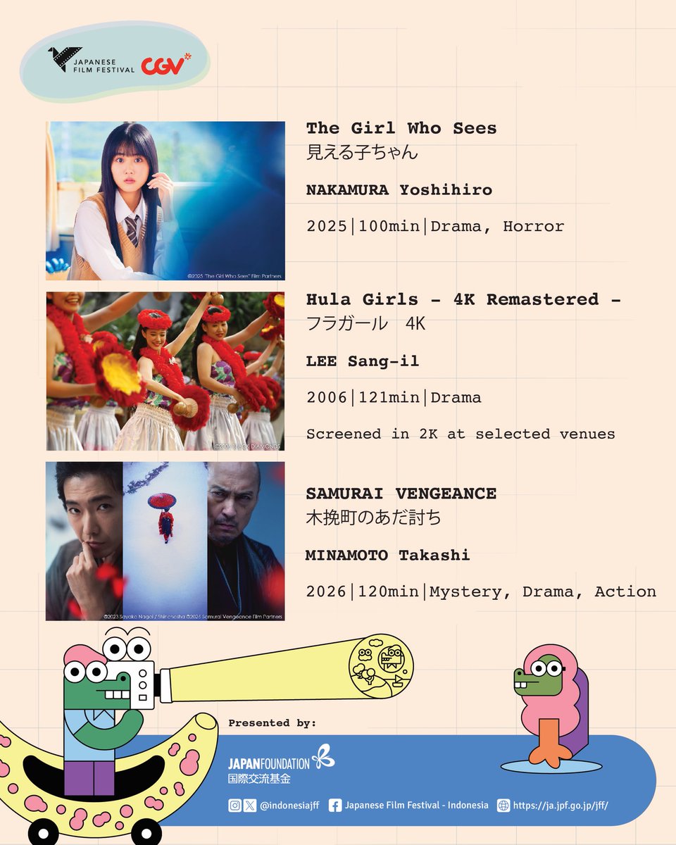 indonesiajff's tweet photo. Tahun ini #JFF2026 akan bawa belasan film Jepang. Film drama, thriller, horor, anime pokoknya banyak!* https://t.co/wTKqdGM4bp