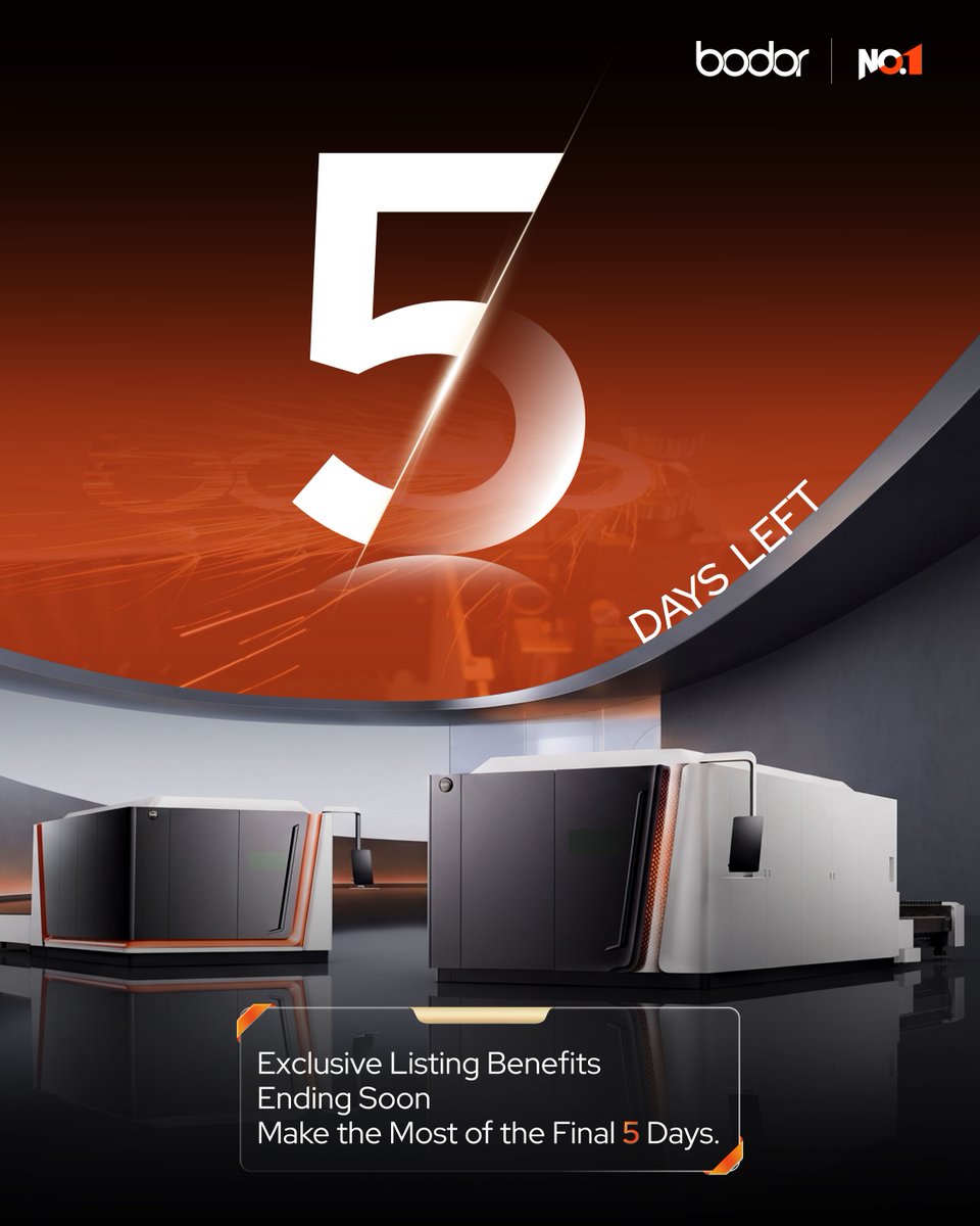 bodor_laser_'s tweet photo. ⏳ 5 DAYS LEFT.

Quick Click：https://t.co/Nkc90CCENi 

Only 5 days remain to access the exclusive launch benefits of the Bodor X Series.

5 days. One opportunity. Your next production upgrade could start here.

#BodorLaser #LaserCutting #Manufacturing https://t.co/opnwhXwCER