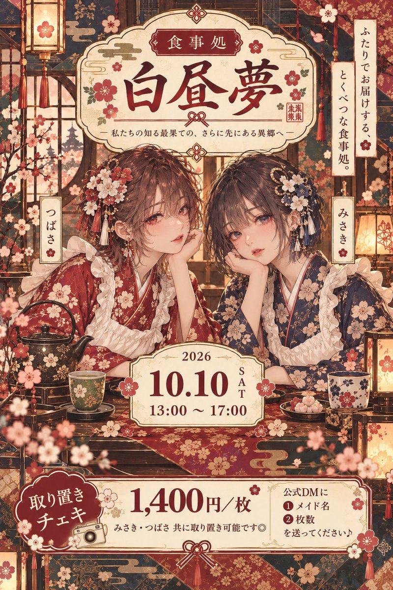 tsubasa_saihate's tweet photo. おしらせ📣

10月10日(土)13:00〜17:00で
みさきさんとご飯イベントやります･:*+.\(( °ω° ))/.:+

衣装は着物＋エプロンなのでいつもの雰囲気とまた違った感じになるよ〜ん

詳細はまたのちほど！ https://t.co/eFUljmoKss