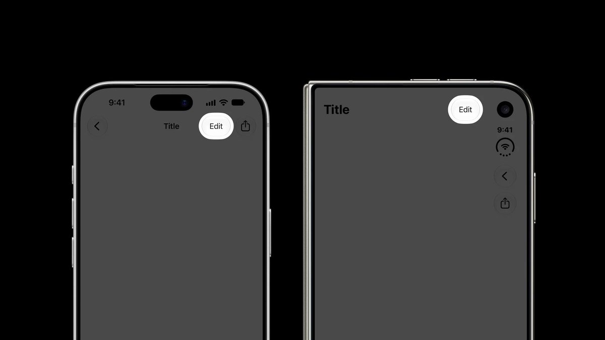 sarunw's tweet photo. Items with an icon, like back and share, move to the vertical bar on iPhone Duo.

Text-only items, like Edit, stay horizontal. https://t.co/sX7NkfnzI3