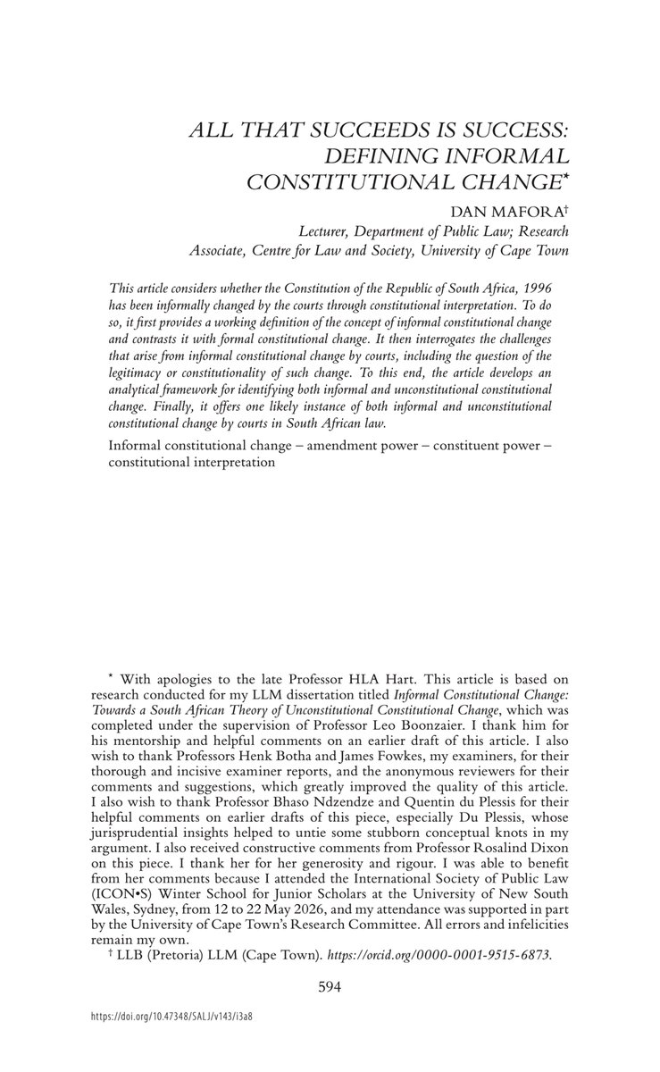 dansmywholename's tweet photo. Excited to share my latest publication (the first from my LLM thesis) in the South African Law Journal. 

In it, I try to answer such questions as ‘how can a constitution change without its text ever changing?’, ‘how are judges able to change a constitution, and is such change ever legitimate?’ and ‘when can we say a constitution has changed?’. 

It contains, I hope, some insights into the nature and extent of constitutional amendment powers, constituent power in the context of interim constitutions, and the limits of judicial lawmaking. Oh, and of course there’s an entire section defending originalism as a method of constitutional interpretation. 🤭

Pleased to finally see it in print. As ever, comments and critique are most welcome. It’s available open access here: https://t.co/rEnOnhCcmo