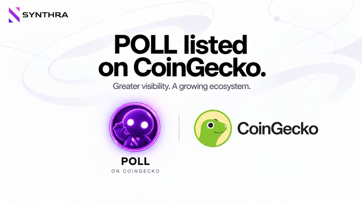 synthra_finance's tweet photo. $POLL is now listed on CoinGecko. 🦎🟣

Another step forward for the Synthra ecosystem, bringing greater visibility and easier access to $POLL market data.

Track $POLL on CoinGecko now. https://t.co/QMQedTW3FD