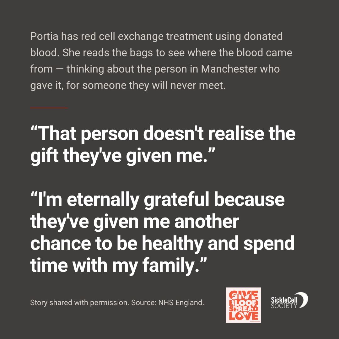 SickleCellUK's tweet photo. 🩸 For Portia, donated blood means more time feeling healthy and spending time with her family.
This #SickleCellAwarenessMonth, we’re highlighting the difference blood donors can make to people living with sickle cell.
Could you become a donor?
#SickleCell #GiveBloodSpreadLove https://t.co/7brYU98Et9
