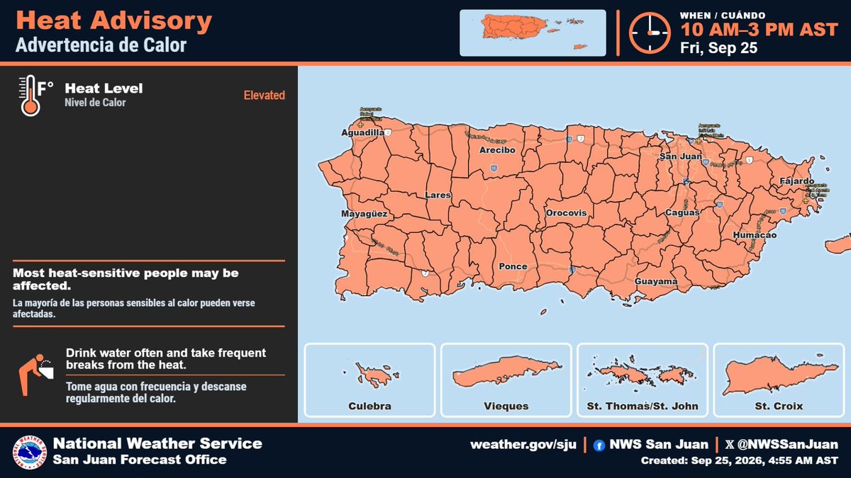 NWSSanJuan's tweet photo. 📅 Fri, Sep 25, 2026
🌡️⚠️ Heat Advisory | Advertencia de Calor
📍 Puerto Rico &amp; U.S. Virgin Islands
⏰ Fri Sep 25, 3:00 PM AST | vie, 25 sept, 3:00 p. m. AST
Stay hydrated and limit strenuous outdoor activity. | Manténgase hidratado y limite la actividad física

#PRwx #USVIwx https://t.co/Fy0n7Hnj6D