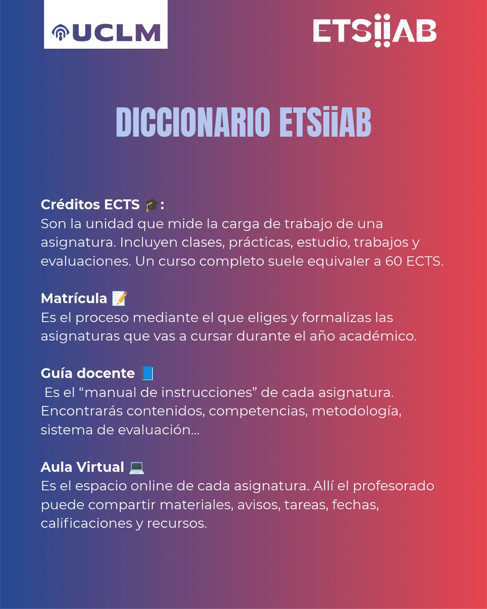 etsiiAB's tweet photo. 📘⚙️ ¿ECTS? ¿Guía docente? ¿Convocatoria? ¿Tutorías?

Empezar la universidad también significa aprender un nuevo vocabulario… y al principio es normal que algunas palabras suenen a otro idioma. 😅 https://t.co/ZZC73I64xa