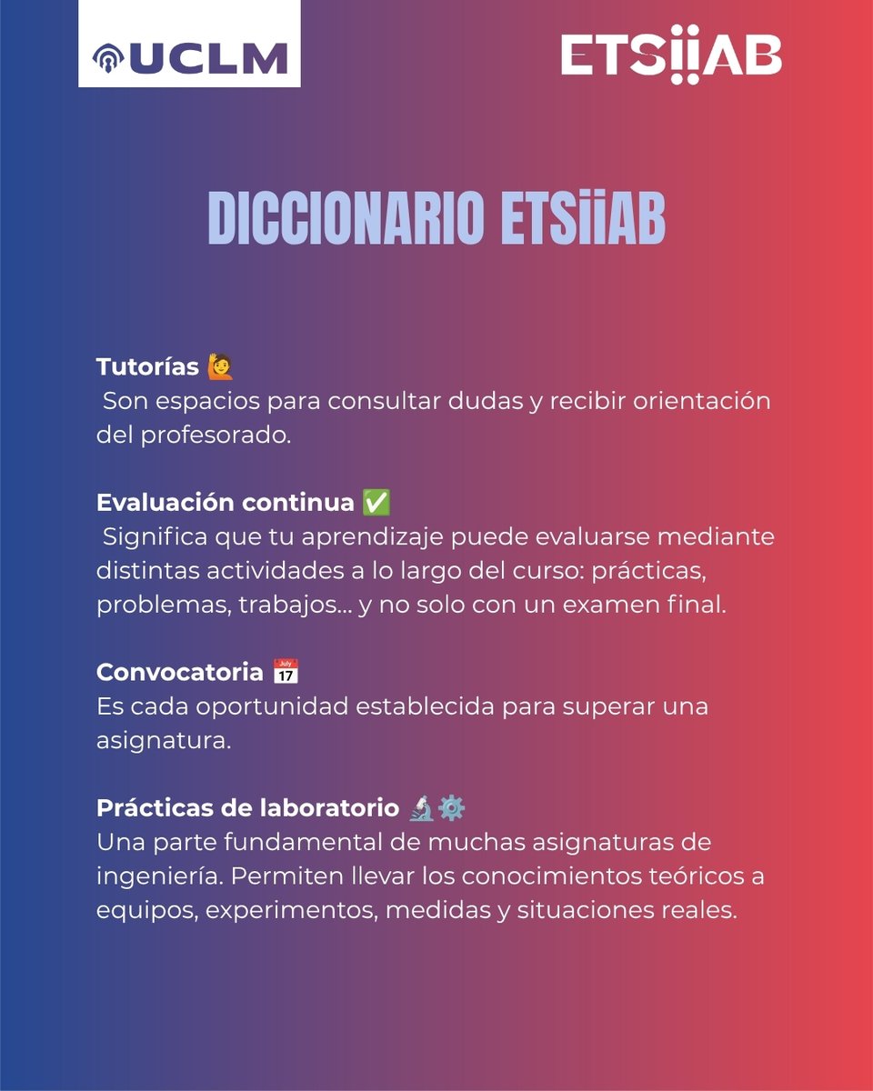 etsiiAB's tweet photo. 📘⚙️ ¿ECTS? ¿Guía docente? ¿Convocatoria? ¿Tutorías?

Empezar la universidad también significa aprender un nuevo vocabulario… y al principio es normal que algunas palabras suenen a otro idioma. 😅 https://t.co/ZZC73I64xa