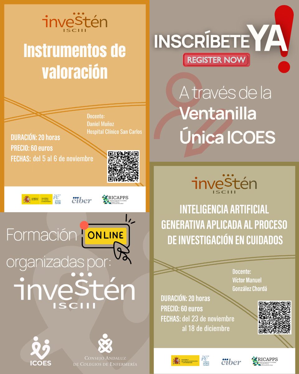 ICOESevilla's tweet photo. 💻 ¡Potencia tus conocimientos en investigación con estas dos formaciones 100% online organizadas por @Investenisciii y el @consejo_andaluz
🚨 Inscripciones: https://t.co/5VGbLQ6AJj
#InvestenISCIII #FormacionEnfermeria #Investigacion #IAenEnfermeria #Cuidados #FormacionOnline https://t.co/FeUuj3oWZ4