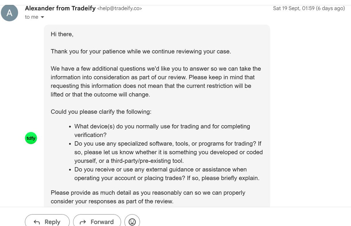 arpit6112's tweet photo. I bought a $25KSelect account from @Tradeify last week but haven’t received access. My verification was declined, and now I can’t log in due to suspicious activity
Support takes a long time to reply and keeps repeating the same response  @PropFirmsGuru https://t.co/Dg4GsSLH0T