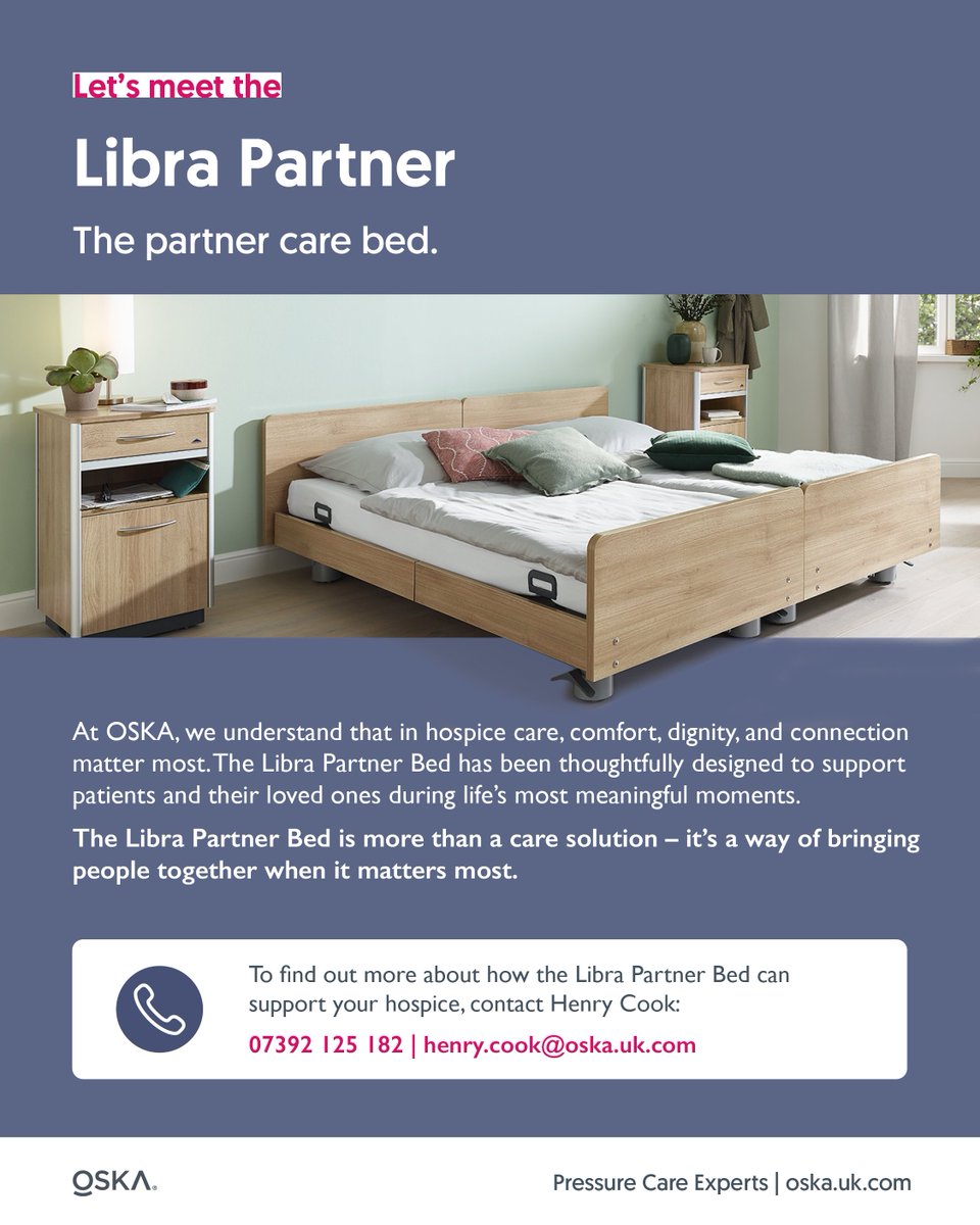 askOSKA's tweet photo. Introducing the Libra Partner Bed from OSKA: a full lying surface for two, so hospice patients and loved ones can stay close. Use as one bed or two, with independent profiling and custom finishes. Contact Henry Cook on 07392 125 182 | henry.cook@oska.uk.com #HospiceCare #CareBeds https://t.co/2gA5XnPuCb