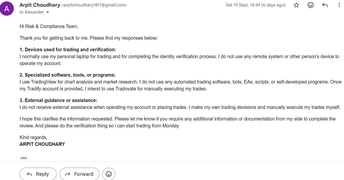 arpit6112's tweet photo. I bought a $25KSelect account from @Tradeify last week but haven’t received access. My verification was declined, and now I can’t log in due to suspicious activity
Support takes a long time to reply and keeps repeating the same response  @PropFirmsGuru https://t.co/Dg4GsSLH0T