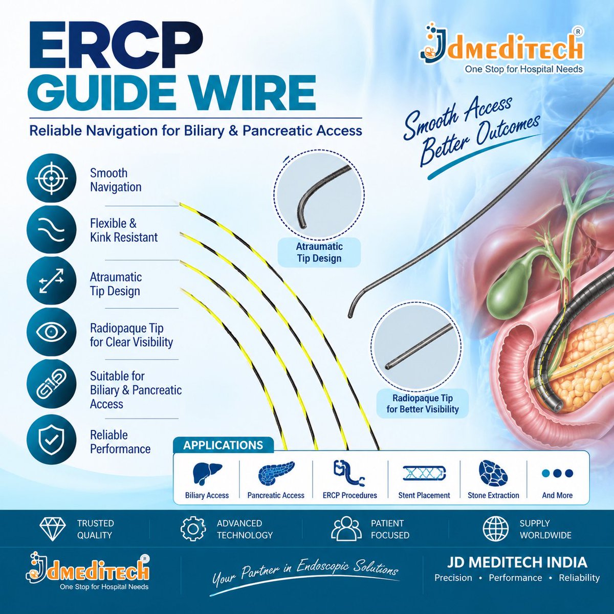JdMeditech's tweet photo. ERCP Guide Wire Smooth Navigation. Precise Control. The JD Meditech ERCP Guide Wire is designed to support smooth and controlled
✓ Controlled torque response
✓ Radiopaque tip for fluoroscopic visibility
#BiliaryGuideWire #EndoscopyGuideWire #BiliaryAccess #PancreaticAccess https://t.co/RPPa328mh4