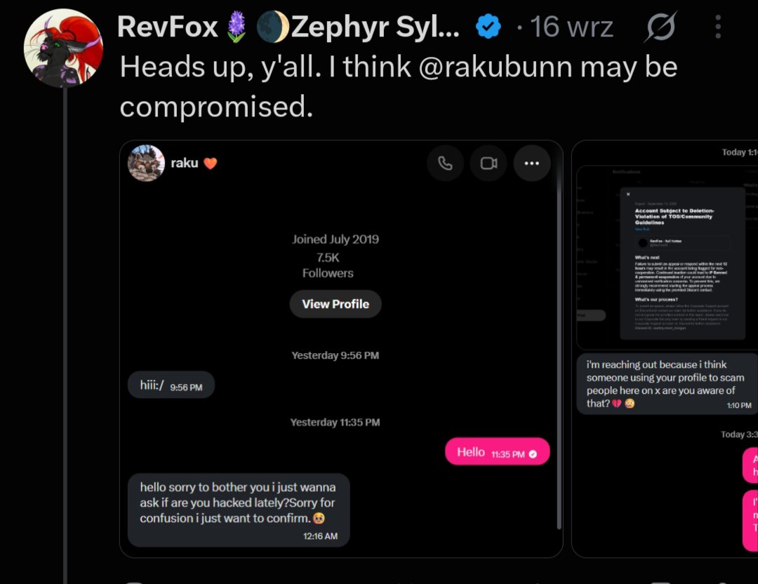 VaniGenno's tweet photo. Just to let you know @/rakubunn is not owning his account anymore 💔💔 the scammer tried to reach out to me 

I'll @ my moots and people I'm following 
(so sorry if you already know this and you're gonna get @ anyway) https://t.co/HgVbMccjMN