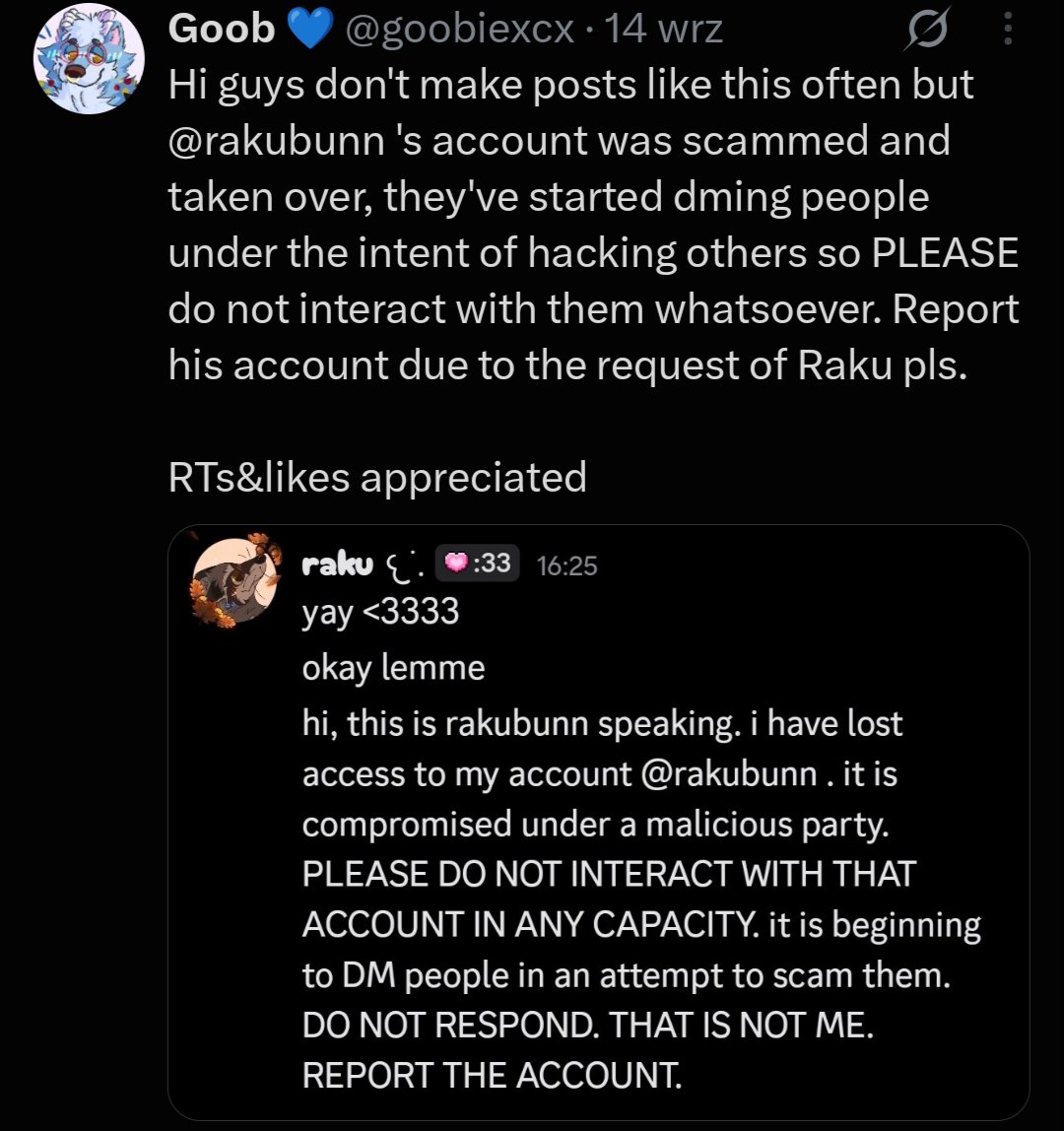 VaniGenno's tweet photo. Just to let you know @/rakubunn is not owning his account anymore 💔💔 the scammer tried to reach out to me 

I'll @ my moots and people I'm following 
(so sorry if you already know this and you're gonna get @ anyway) https://t.co/HgVbMccjMN