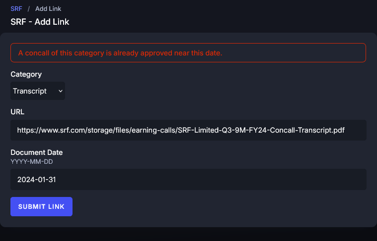 stealthassets's tweet photo. @faltoo @screener_in Under the Concalls section, links to some transcripts/recordings/ppts dont remain valid anymore and throws an error.

In such cases, accept new links from the users to keep the section up to date

Currently I'm getting this error when I add the new link https://t.co/Xtej5AbMR3