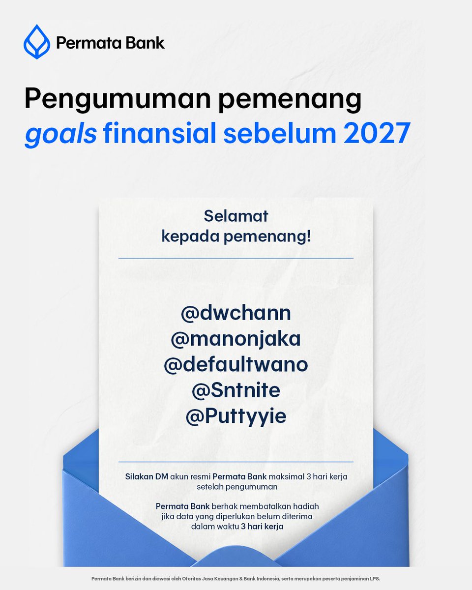 PermataBank's tweet photo. Selamat kepada para pemenang giveaway goals finansial sebelum 2027. 

Silakan segera menghubungi kami melalui DM akun resmi Permata Bank untuk melengkapi data pengiriman hadiah.

Selalu #Ingat3A dan berhati-hati terhadap penipuan. Permata Bank tidak pernah meminta data perbankan, seperti nomor rekening, PIN, OTP, atau CVV kepada nasabah.

@dwchann 
@manonjaka 
@defaultwano 
@Sntnite 
@Puttyyie