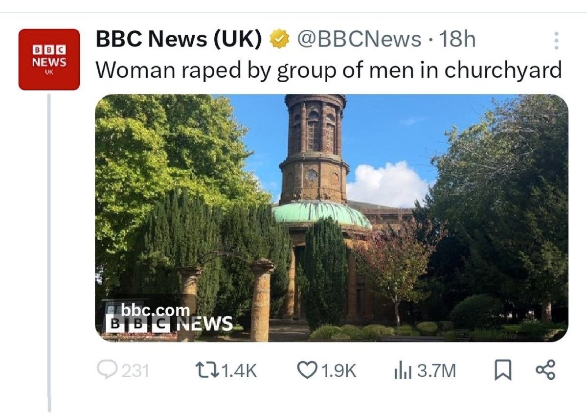 rishibagree's tweet photo. BBC implicitly blamed Christians for a gang rape by using the word Churchyard when the actual rapists were from the peaceful community. 

When readers pointed this out, the BBC closed the comments section. https://t.co/SD5TAIwol7