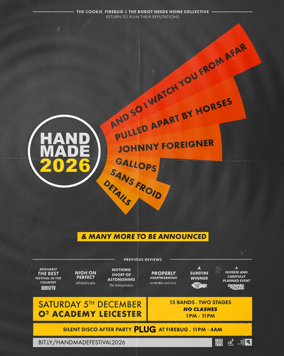 O2AcademyLeic's tweet photo. ON SALE: Handmade Festival returns to O2 Academy Leicester this December for one final celebration🖤

First acts announced: And So I Watch You From Afar, Pulled Apart By Horses, Johnny Foreigner, Gallops, Sans Froid and Details.

Grab your tickets 👉 https://t.co/Pw2ywpAU5V https://t.co/fXmZFiBnp6