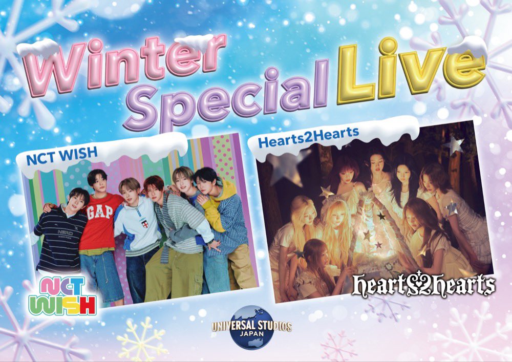 H2H_JPtechbase's tweet photo. 🎄Hearts2Hearts「Winter Special Live at UNIVERSAL STUDIOS JAPAN」出演決定🎄

USJという特別な場所で、この日限りのスペシャルライブ✨

📅 2026年11月28日(土)
⏰ 開場9:45／開演11:00
📍 USJ グラマシーパーク特設会場
🎫 12,900円（税込・大人子ども共通）
※1デイ・スタジオ・パス付き！ライブ前後もパークで遊べます🎢

💌 S2U JAPAN先行（抽選）
受付：9/25(金)12:00〜10/12(月)23:59
当選発表：10/15(水)15:00頃
・お一人様4枚まで
・同行者は非会員でもお申し込みOK
・受付期間中に新規入会された方も申込可！

その他、ローチケプレリク会員先行や一般先着も予定しています！詳細はH2H-LINKもご参照ください！
→ https://t.co/ZJgFZTqiFT

💡この場所は少女時代もかつてイベントをしたことがある場所です！
https://t.co/cyEHBYpyqO

#Hearts2Hearts #하츠투하츠 #H2H #USJ #ユニバ #S2U #WinterSpecialLive