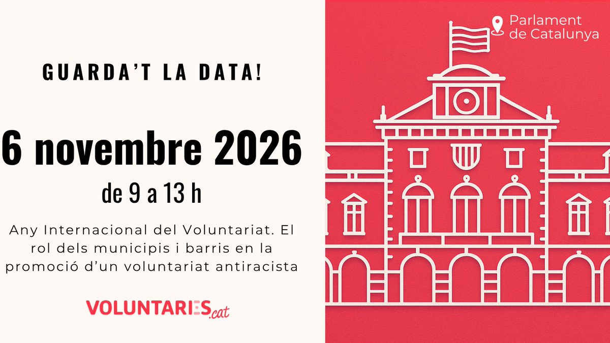 voluntaris_cat's tweet photo. #SavetheDate | 📅 Guarda't la data‼️
🆕 La #FCVS tornem al @parlamentcat amb la jornada 'Any Internacional del Voluntariat. El rol dels municipis i barris en la promoció d'un voluntariat antiracista'
🗓️ 6 de novembre de 9 a 13 h
#FCVSalParlament #IVY2026
https://t.co/t25vCOsr9a https://t.co/gxDmxL3LlJ