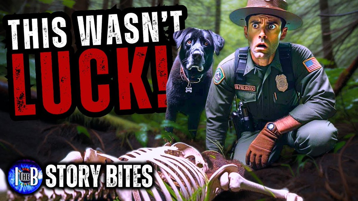 A YouTube thumbnail titled 'THIS WASN'T LUCK!' and branded 'STORY BITES' shows a park ranger and a black Labrador looking shocked as they discover a skeleton partially buried in a forest.