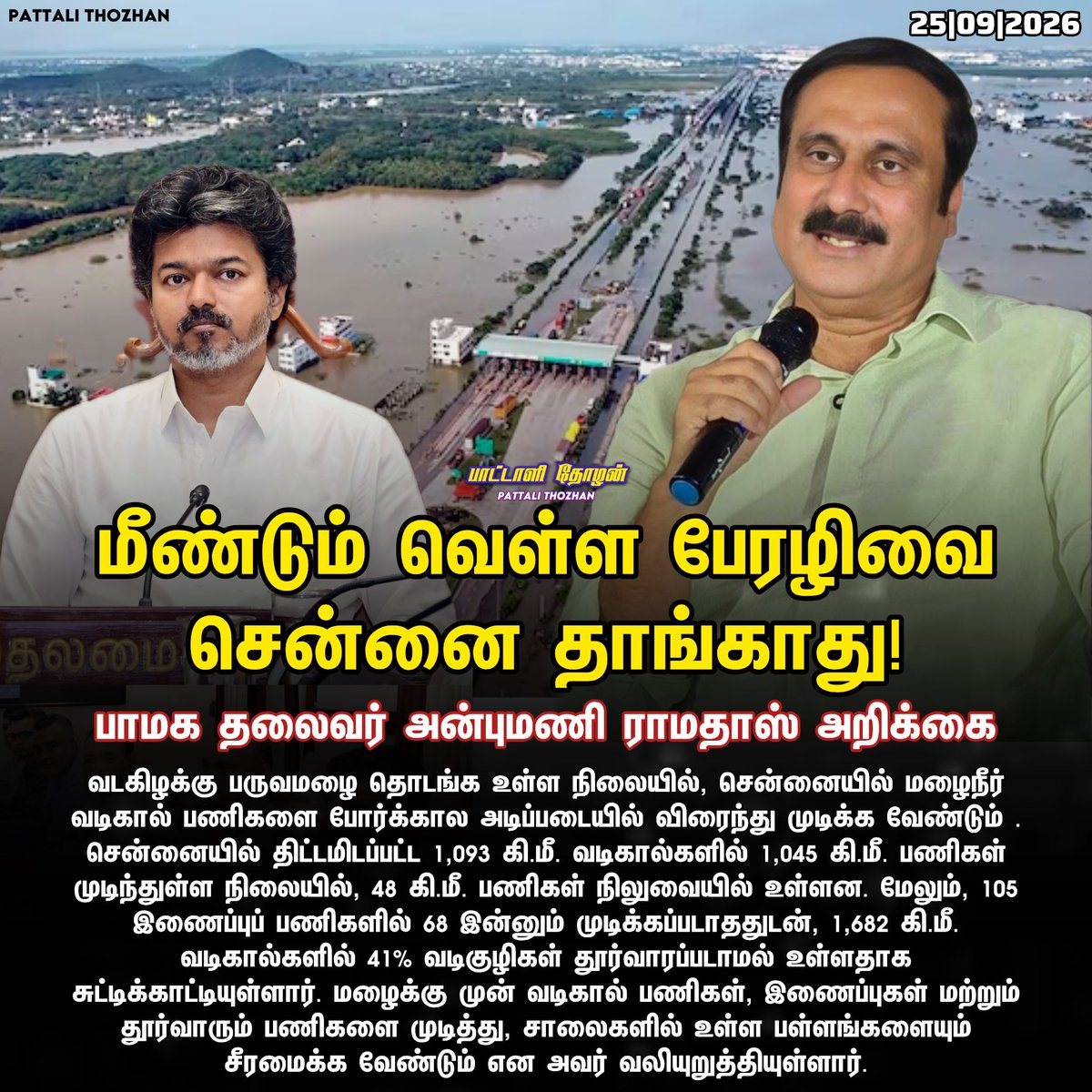 PattaliThozhan's tweet photo. மீண்டும் ஒரு வெள்ள பேரழிவை சென்னை தாங்காது: மழைநீர் வடிகால் பணிகளை போர்க்கால வேகத்தில் முடிக்க வேண்டும்! -— பா.ம.க. தலைவர் மருத்துவர் அன்புமணி இராமதாஸ் அறிக்கை

#AnbumaniRamadoss #PMK #ChennaiFlood #tvk #vijay #Chennai #NortheastMonsoon #TamilNadu #tamilnews https://t.co/QiRLtggUXz