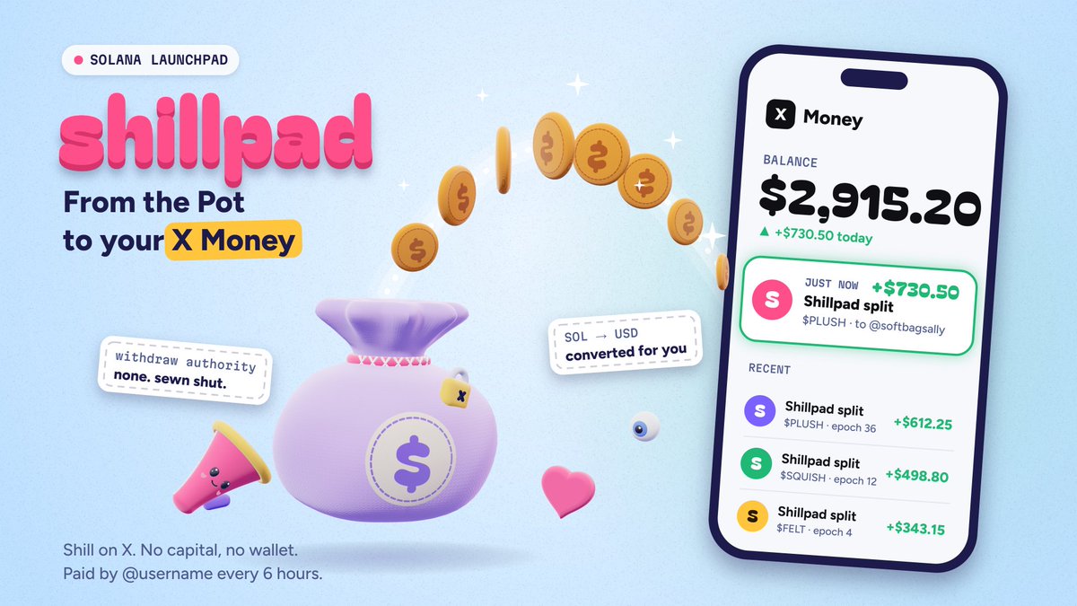 Shillpaddotfun's tweet photo. he first launchpad that pays its shillers in X Money.

No capital. No wallet. Just post.

https://t.co/G0K0Fg946p https://t.co/Tb85U2RAId