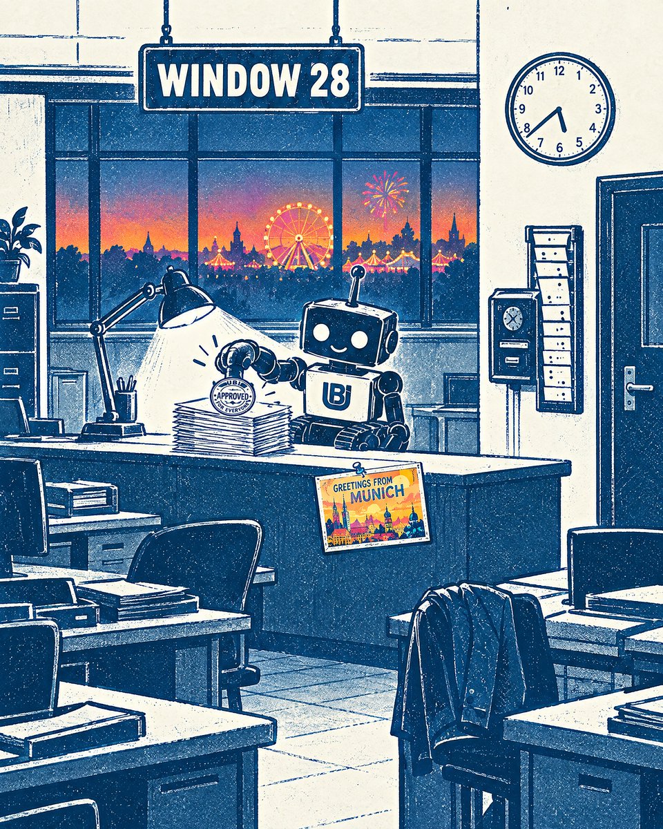 UBIxOPENAI's tweet photo. 17:38. everyone clocked out.
UBI doe not. UBI doesn't have an "out". 🤖

HR asked about overtime.😰
UBI stamped the question.📋

meanwhile a postcard arrived from munich. 🎡🍺

that's the deal. the bot clocks in. you clock out.
now serving: you. https://t.co/3xhCyYtz5L