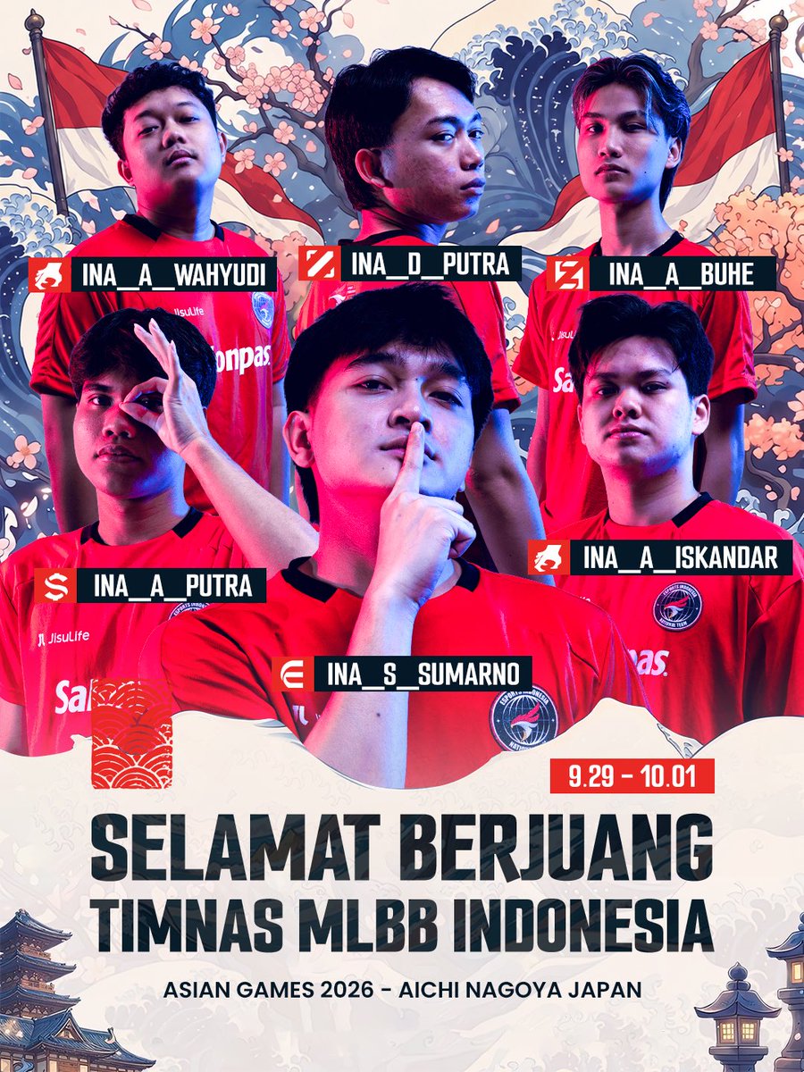 mplidofficial's tweet photo. Selamat berjuang Timnas MLBB Indonesia! 🔥

Enam pasukan garuda kita, siap membawa nama Indonesia di panggung MLBB Asian Games 2026 Aichi-Nagoya, Japan! 🏆 https://t.co/k5nyM93K3M