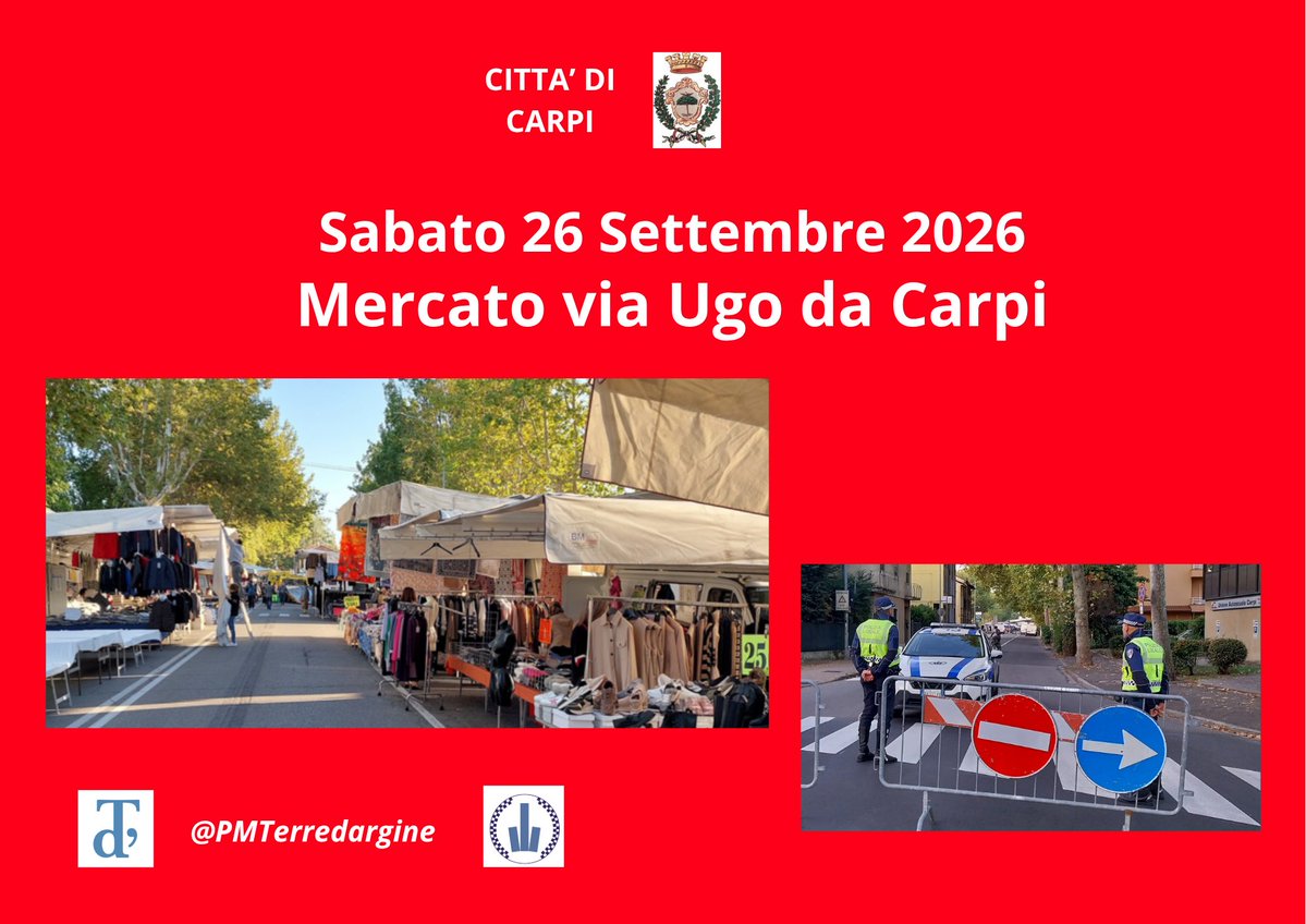 PMTerredargine's tweet photo. #PLInforma #Carpi #26Settembre  in occasione di #EmiliaFoodFest il mercato settimanale del sabato è spostato in Via Ugo da Carpi che resterà completamente chiusa al traffico (dall’incrocio con le vie Cavallotti, Marx e Lenin a via Cattani) dalle 5:30 alle 16:00 https://t.co/mChhxnPMo4