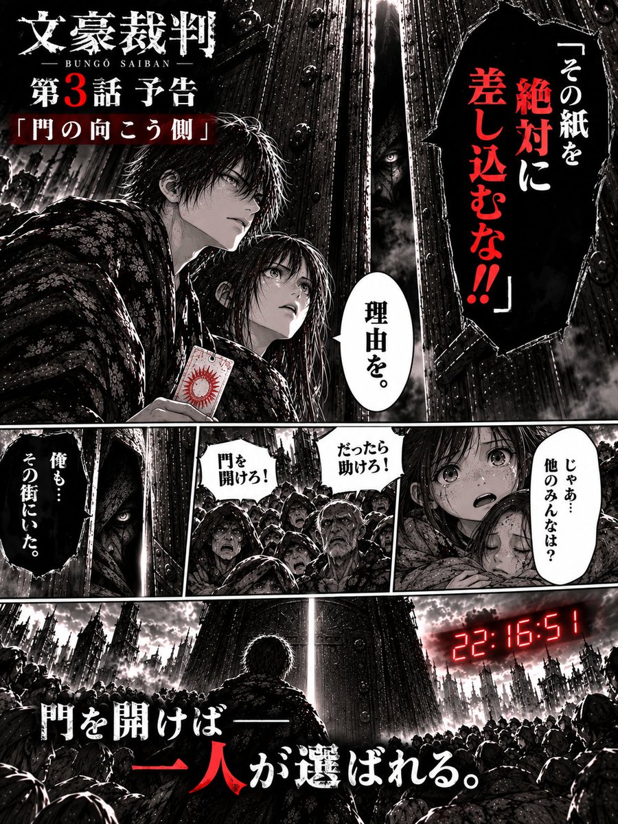 EEE28978614's tweet photo. 文豪裁判　第3話予告

巨大な黒い門を背景に、
芥川龍之介と与謝野晶子。
その奥に、不気味な「門の男」のシルエット。
赤いカウントダウンだけが暗闇に浮かぶ。
「ここは――外じゃない。」

第3話、明日20時公開。

【文豪裁判｜第2話 公開中】
https://t.co/ml8v4XmEkI https://t.co/HXksT6IkrF