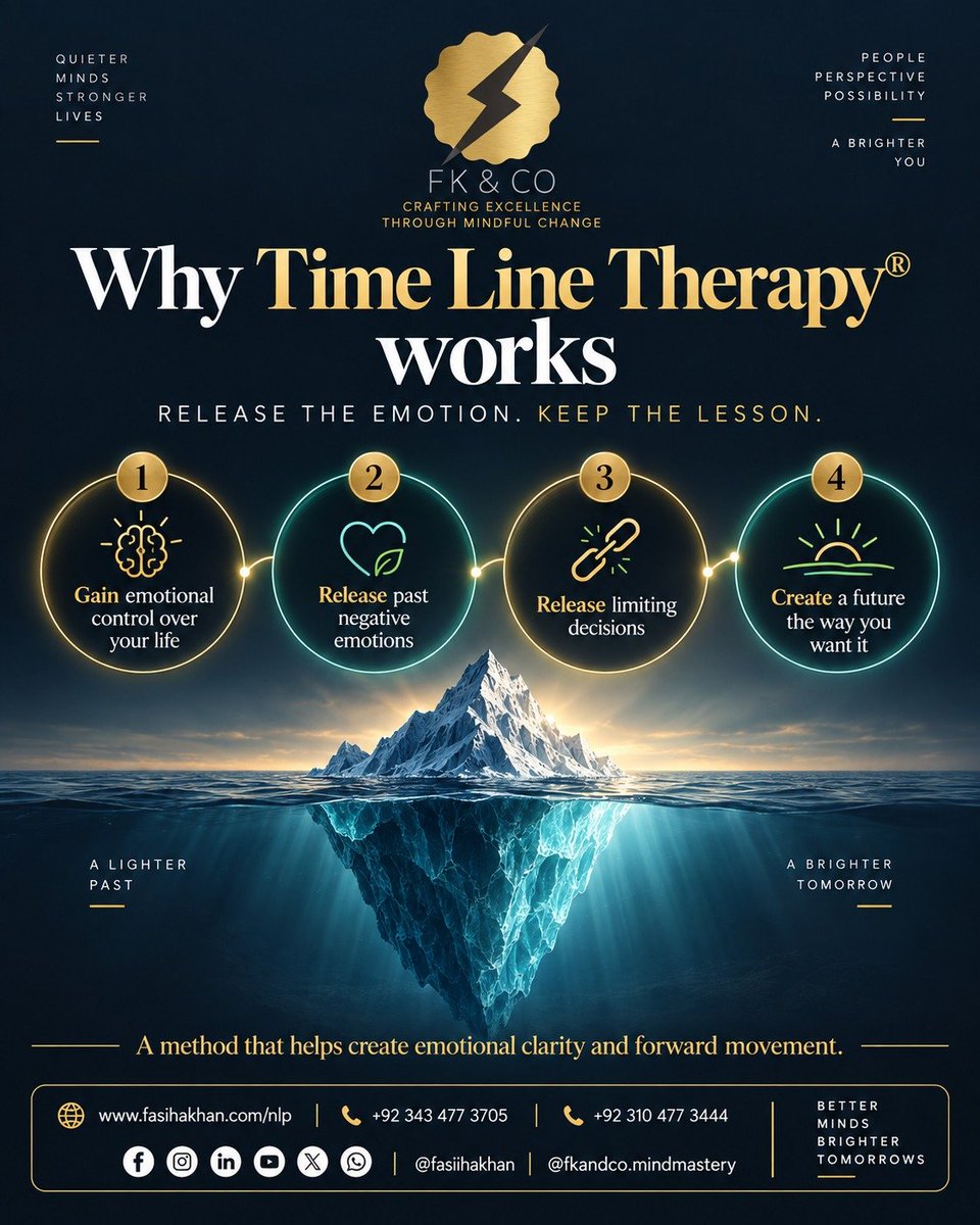 FkCoMindMastery's tweet photo. Why Time Line Therapy® Works; Release the emotion.
🧠 Emotional control
💚 Release past pain
🔗 Release limiting decisions
🌅 Create your future
One of 4 domains in my NLP Quad Certification.
https://t.co/NaYvg5UeCc
 +92 343 4773705
#TimeLineTherapy #NLP #MindMastery #FasihaKhan https://t.co/7axLuZcKTZ