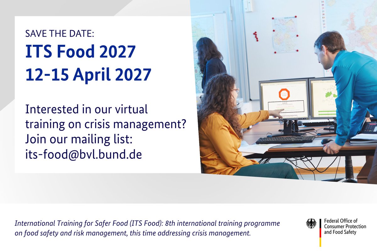 BVL_Bund's tweet photo. ✨ SAVE THE DATE ✨ 

BVL's next online event on food safety &amp; risk management is coming up – this time with a focus on crisis management.
#ITSFood2027 

👉 12-15 April 2027

The registration will open in December 2026.
https://t.co/tWLoEP4J7x https://t.co/9i25Byql8s