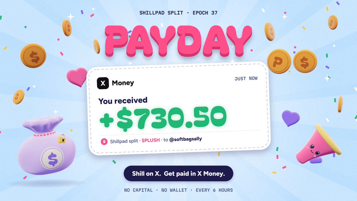 Shillpaddotfun's tweet photo. Payday. 💸

Every 6 hours the Pot splits and lands straight in X Money. No wallet, no claim button, no capital needed.

You post. The Pot pays.

CA: 6Cw4kWUaZHmh71E3YRiHFRvLA28EiYp4Px2GkUrXfvWM https://t.co/mqAPktbVaA