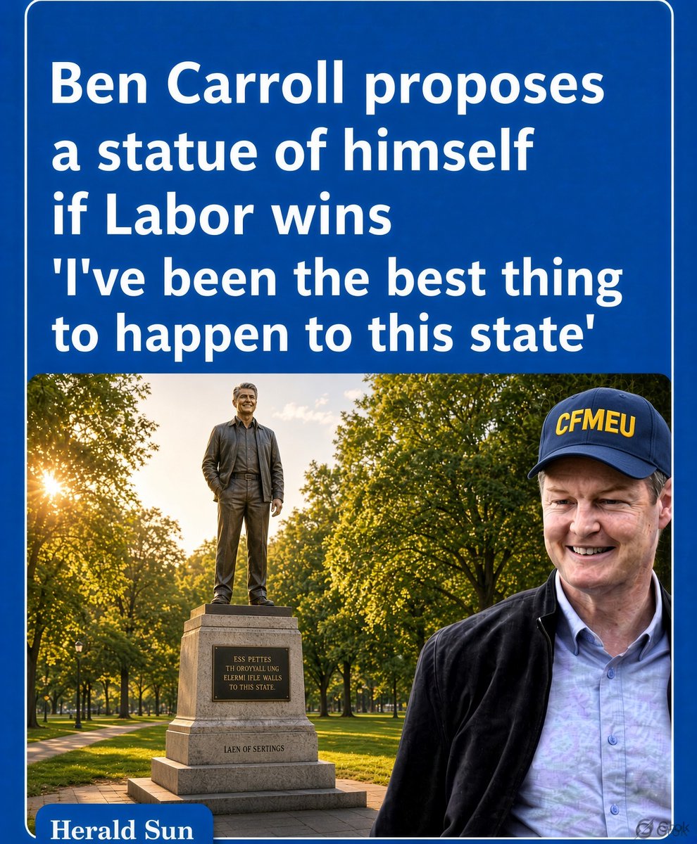 R812199553's tweet photo. Vic Labor Premier Ben Carroll has suggested a statue of himself if Labor is re-elected in November. Carroll wants to redirect the funds previously set aside for a statue of Dan Andrews.
#BenCarroll
#Labor https://t.co/CQFhS8YkJ8