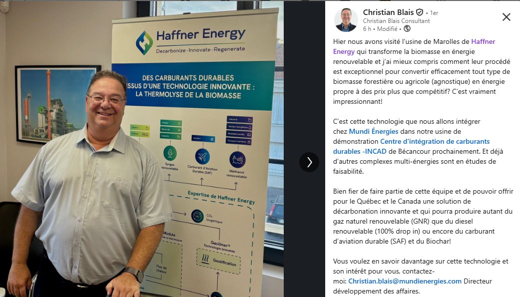 notgivingpledge's tweet photo. Visite impressionnante de Christian Blais chez Haffner Energy à Marolles ! @MundiEnergies va intégrer cette technologie de thermolyse au centre INCAD de Bécancour pour décarboner le Québec et le Canada.
https://t.co/j0JWNYo7jQ
#ALHAF #SAF #Biodiesel #HaffnerEnergy #Hydrogene #CH4 https://t.co/6YbWyN9nZa