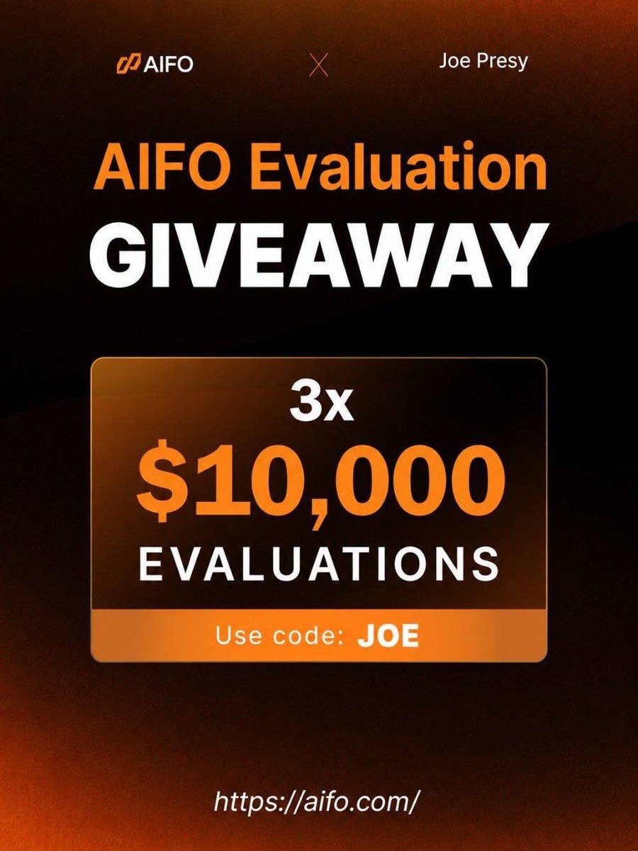 JoePresy's tweet photo. 🚨3 X $10,000 Instant Account Giveaway 🚨

Task: 

- follow @aifofunding  @isaacoladipupo_  @JoePresy

- like and retweet this giveaway tweet 

- sign up on AIFO website via this link https://t.co/Bc6SaXQ9Uf (drop proof of signin)

- join the discord channel here: https://t.co/RVbeugjTFv

-join https://t.co/xoQk596dnU

- like and retweet the quoted tweet 

- tag 5 traders

WINNER WILL BE PICKED IN 5DAYS.
GOOD LUCK 🏆