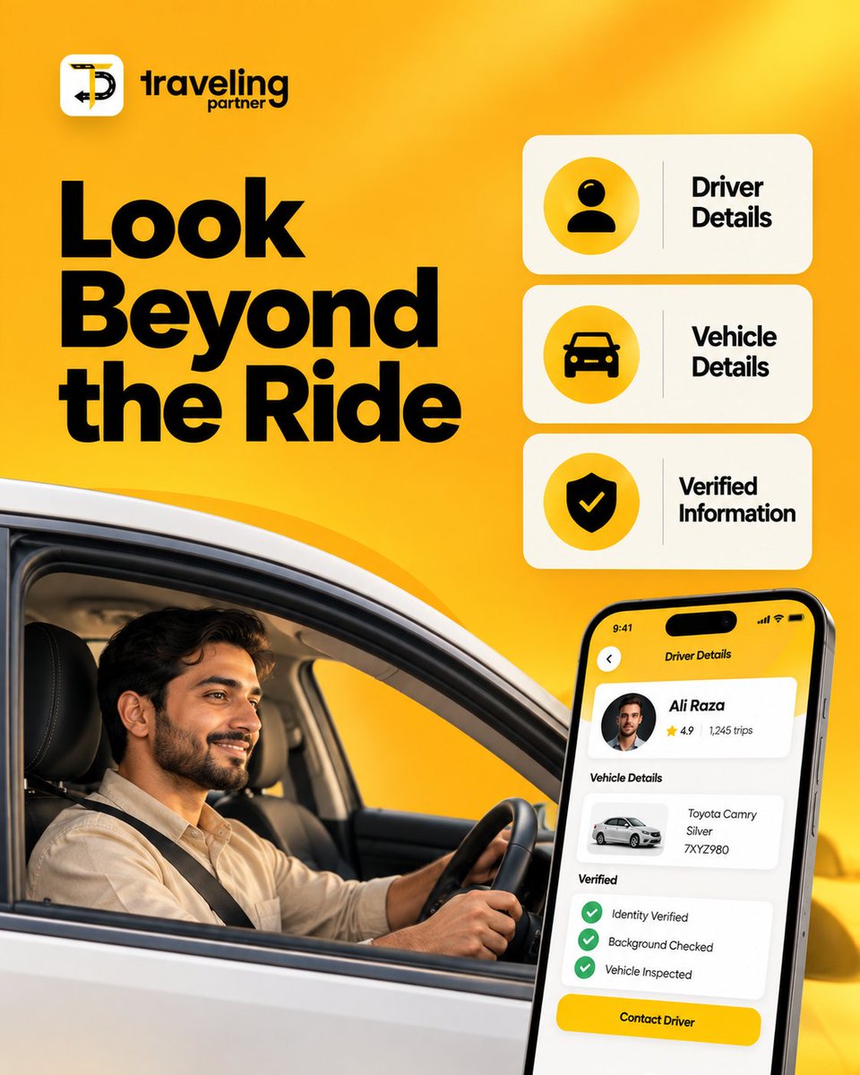 TravelPartnerHQ's tweet photo. A ride is more than getting from one place to another. Knowing the driver and vehicle details gives you useful information before your journey begins.

#travelingpartner #verifieddrivers #ridesafety #smarttravel #pakistan https://t.co/nY6pxPtnDn