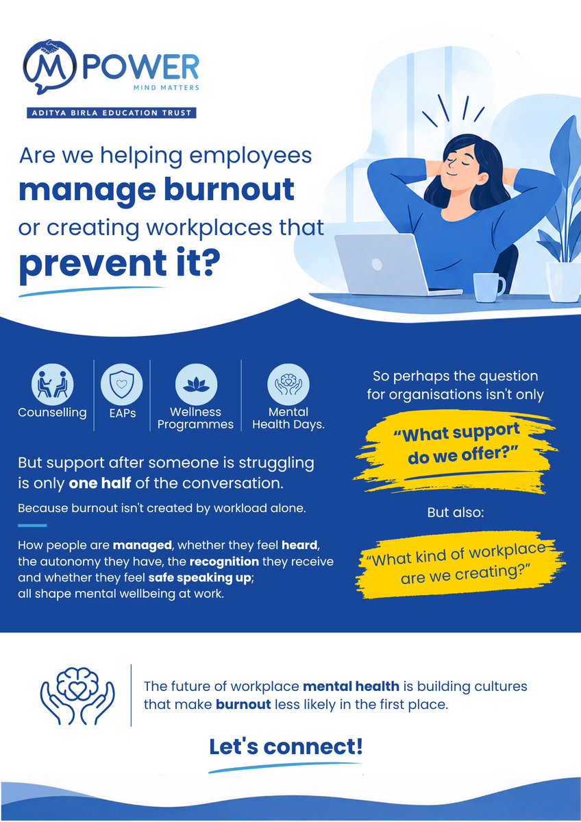 mpowerminds's tweet photo. It’s time to move the conversation from simply managing burnout to creating workplaces that help prevent it. It's time to act now!

Let’s build healthier, more human workplaces.
📩 Connect with us: mpower.outreach@abet.co.in

#Mpower #WorkplaceWellness #BurnoutPrevention https://t.co/ia8UmOPeF9
