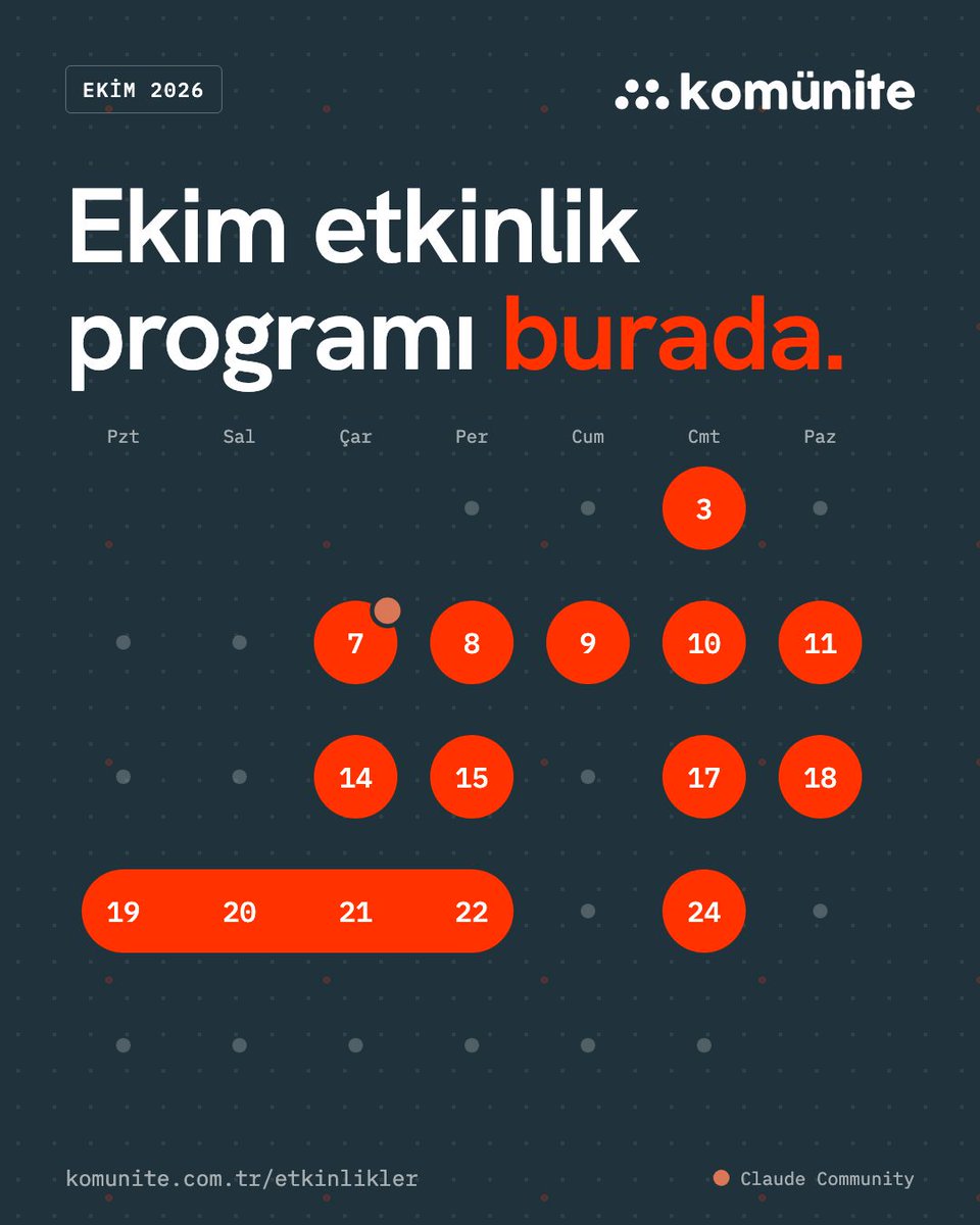 komunitecomtr's tweet photo. Komünite'de Ekim programı hazır.

3–24 Ekim arasında tek günlük bootcamp'ler, dört akşamlık online bir başlangıç programı ve bir Claude Community atölyesi. Hepsini aşağıda tek tek yazdık.

Tüm tarihler: https://t.co/vzQPYjwHsH https://t.co/jwv8xZ1ewr