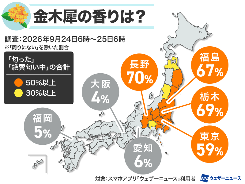 wni_jp's tweet photo. ＜キンモクセイ 関東甲信や東北で開花ピーク＞
東日本や東北を中心に、金木犀の報告が多く寄せられています。ウェザーニュースで調査したところ、昨年より3週間も早いペースということがわかりました。今後は朝晩の気温低下とともに、東海や西日本でも開花が進む見込みです。
https://t.co/4n0jDu427k https://t.co/t0cjSPbnTx