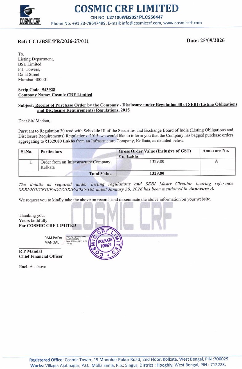 HanuRaoG's tweet photo. #cosmicCRF #cosmic CRF

2 new announcement from cosmic CRF…

1. Investor meet on 30th Sep
2.  26.32 Cr new order 🔥

*** END***

Kolkatta industrial revolution started… Flood of orders from Kolkatta Industries…

Har Har Mahadev … https://t.co/TF6d0USEaF