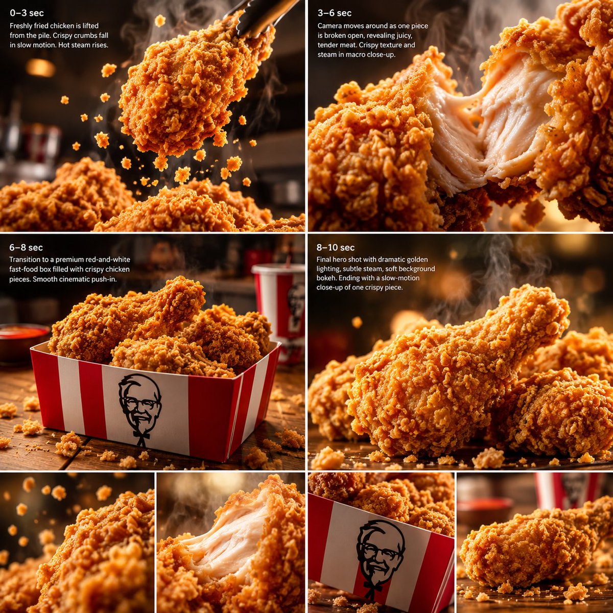 1H77k's tweet photo. Prompt:

Create a 10-second ultra-realistic cinematic food commercial featuring KFC-style crispy fried chicken.

0–3 sec: Extreme close-up of freshly fried golden-brown chicken pieces being lifted from a crispy pile. Tiny crunchy crumbs fall naturally in slow motion while hot steam gently rises from the chicken. Dramatic warm lighting highlights the crispy texture.

3–6 sec: The camera smoothly moves around the chicken as one piece is slowly broken open, revealing juicy, tender, steaming meat inside. Capture the satisfying crunch and detailed crispy coating in macro close-up.

6–8 sec: Transition to a premium red-and-white fast-food box filled with crispy fried chicken pieces, with a few crumbs scattered around. The camera performs a smooth cinematic push-in.

8–10 sec: Final hero shot of the chicken with dramatic golden lighting, subtle steam, soft background bokeh, and an irresistible appetizing look. End with a slow-motion close-up of one crispy piece.

Style: photorealistic, cinematic food advertisement, ultra-detailed crispy texture, realistic steam, natural food movement, shallow depth of field, smooth camera motion, warm restaurant lighting, 4K, high-end commercial production, no people, no distorted food, no text, no watermark.