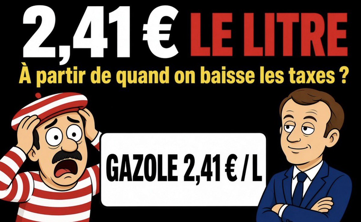 louiswdff's tweet photo. 2,41 € le litre de gazole.

Alors je pose une question TRÈS simple aux ministres, députés et candidats à 2027 :

À partir de quel prix vous baissez les taxes ?

2,50 € ?
3 € ?
Jamais ?

Un chiffre. Pas un élément de langage.

#Macron20h https://t.co/zjzk6s5rpY
