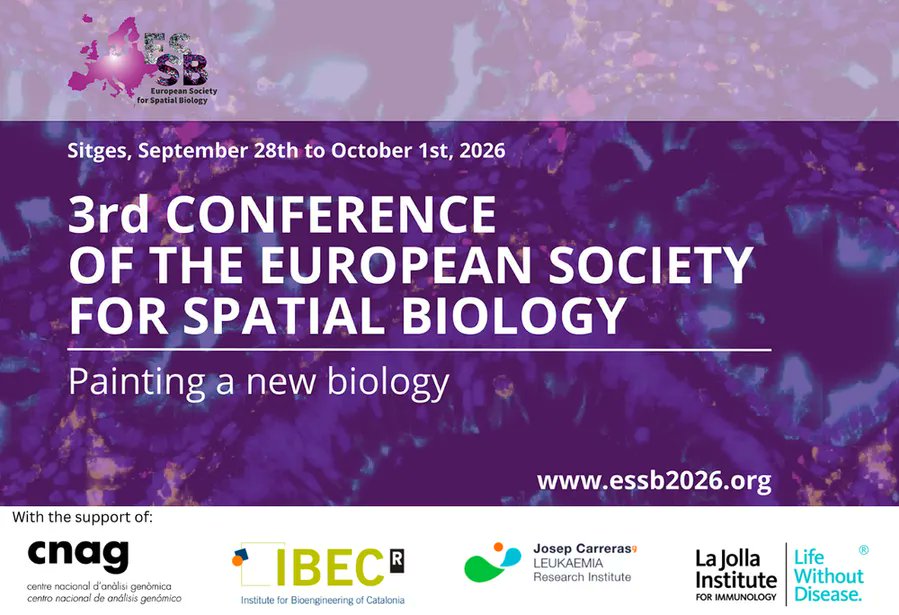 cnag_eu's tweet photo. ⏳3 days to go until #ESSB2026!
Europe’s event for Spatial Biology is about to start, bringing researchers from around the world together to explore the latest advances in the field

With the support of CNAG, @IBECBarcelona, @CarrerasIJC &amp; @ljiresearch

📍 Sitges
🗓️ 28 Sept–1 Oct https://t.co/r0ZjIIKCfZ