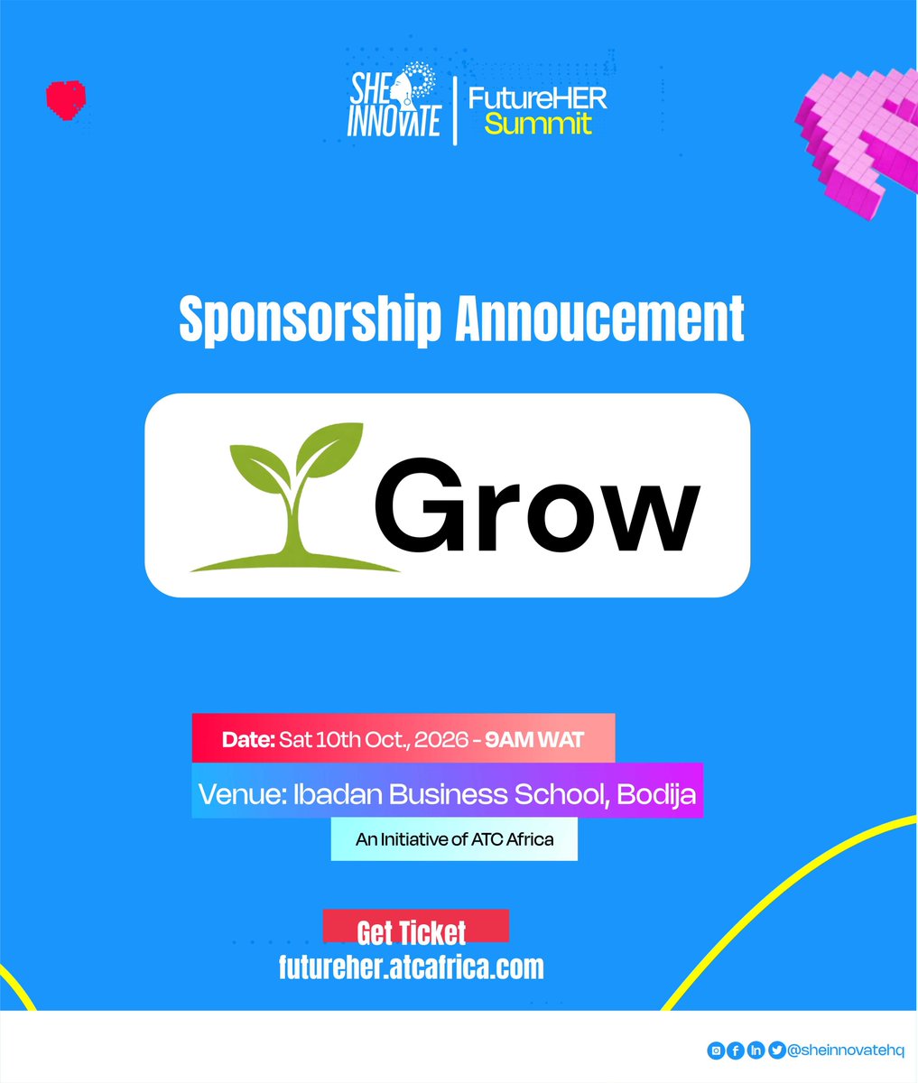 sheinnovate's tweet photo. Excited to announce @get_grow_app  as an official sponsor for #FutureHerSummit26! 🎉

Grow is a global investing platform that allows you to save, earn, and invest in global markets using your local currency. 

🎟️ Attend for FREE: #GROW at checkout to attend the event for free! https://t.co/xT92DdOazS