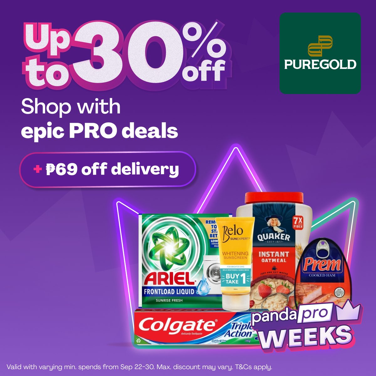 foodpandaPH's tweet photo. Running low on household basics like Ariel, Quaker, and Colgate? 🧺 

Enjoy up to 30% OFF + ₱69 off delivery at Puregold today! 🛒✨ https://t.co/zmtjNgiDlM