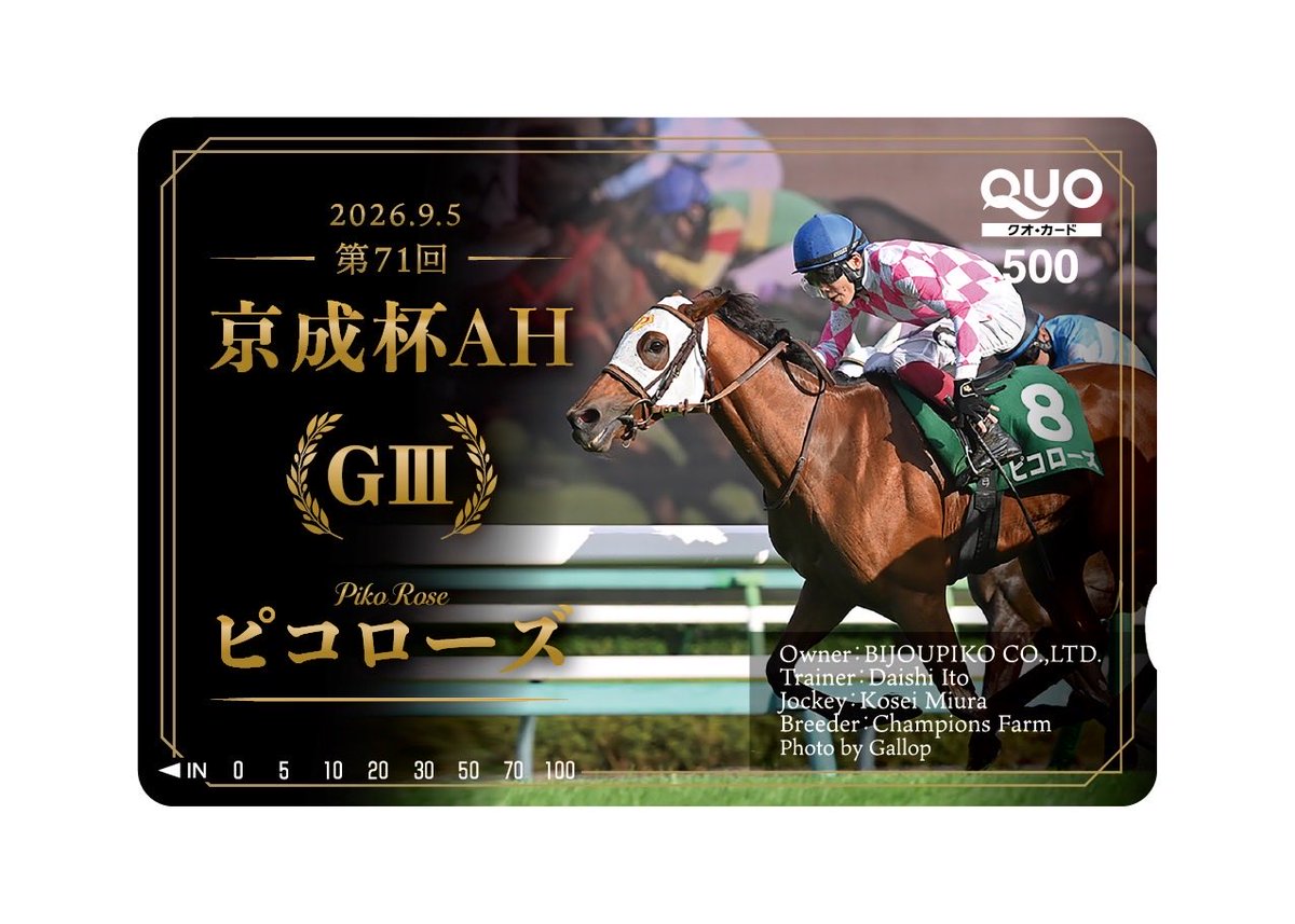 Pikoracing's tweet photo. ／
🎉 #ピコローズ 京成杯AH（GⅢ）
🏆優勝記念プレゼント企画🎁✨
＼

ピコローズの重賞優勝に際し、
たくさんのお祝いコメントをいただき、本当にありがとうございました🙇‍♀️
全てのコメントにお返しすることが出来ず申し訳ありませんでしたが、
皆さまからいただいた温かいコメントは、一つひとつ大切に読ませていただきました🥺💓

日頃からピコローズを応援してくださっている皆さまへ、
感謝の気持ちを込めて、プレゼント企画を実施いたします‼︎

🎁三浦皇成騎手サイン入り
　ピコレーシング オリジナルグッズ【10名様】

🎁オリジナルQUOカード【20名様】

✨合計30名様にプレゼント✨

【応募方法】
① @Pikoracing をフォロー
② ご希望の商品を記載して引用リポスト
▼商品はこちら
・Tシャツ 8番（S / M）
・トレーナー 8番（S / L）
・マフラータオル8番
・QUOカード
※「どれでもOK！」という方は、ご指定なしでもご応募いただけます👌🏻

📅応募締切：9月30日（水）まで

🎯当選発表
10月1日（木）以降、当選された方へ順次DMにてご連絡いたします💌
※DMを受け取れるよう、設定のご確認をお願いいたします

次走は遂にG1の舞台に挑戦出来るなんて、本当に夢のようなありがたい経験です😭😭😭
マイルCSに出走予定の皇成騎手とピコローズへの応援メッセージもぜひお寄せください🐧🌹
たくさんのご応募お待ちしております🥰