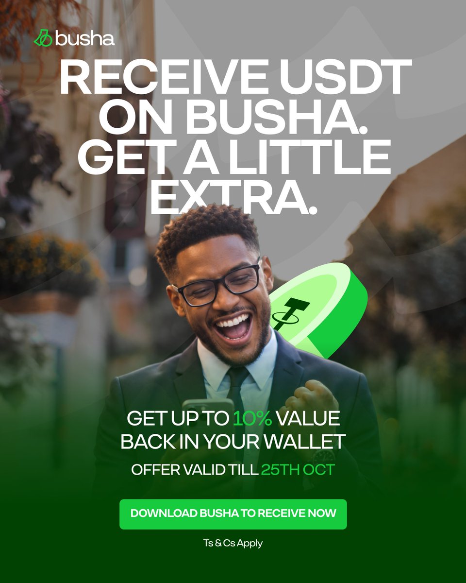 getBusha's tweet photo. Depositing USDT on Busha just got a little more rewarding 💃

Receive or Deposit USDT on Busha and get up to 10% value back in your wallet.

Available to users in Nigeria and Kenya till 25th of October. 

Ts &amp; Cs apply.

#usdt #tether #usebusha #USDTYourWay https://t.co/URMlfAifKJ