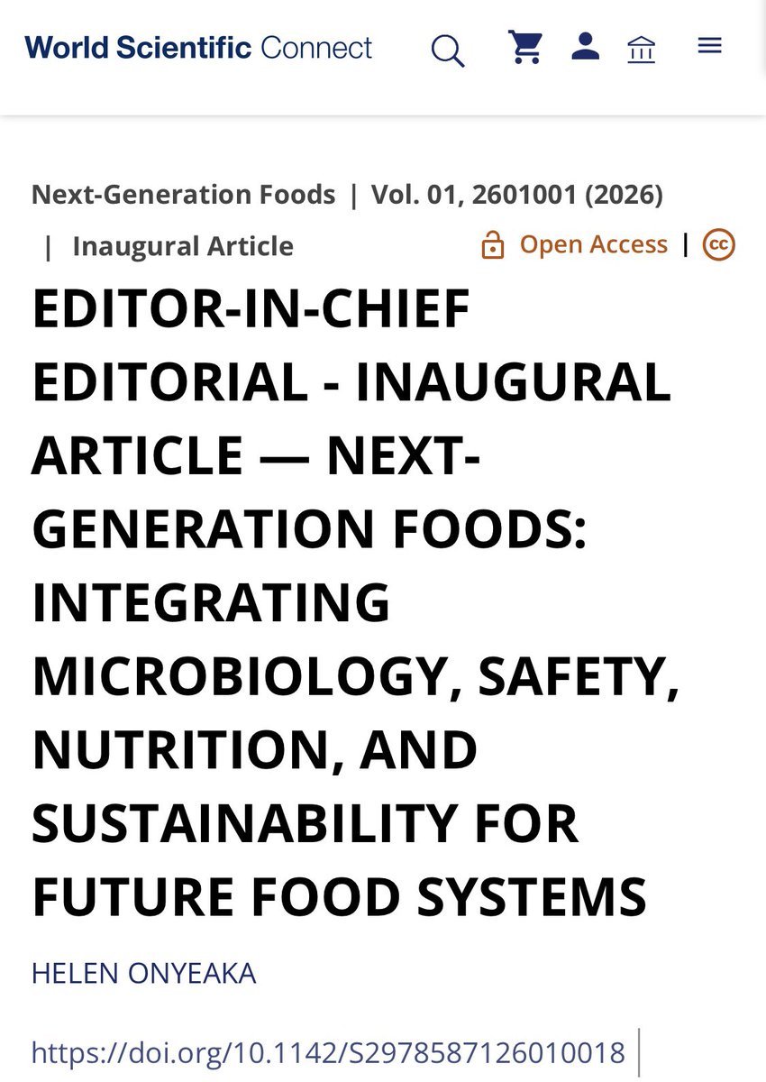 DrOnyeaka's tweet photo. NEW PUBLICATION!
I am pleased to share my inaugural editorial as Editor-in-Chief of Next-Generation Foods (NGF), published by World Scientific.
INTEGRATING MICROBIOLOGY, SAFETY, NUTRITION, AND SUSTAINABILITY FOR FUTURE FOOD SYSTEMS
#FoodScience #FoodSafetyFoodsystems https://t.co/CyjnoaTUYF